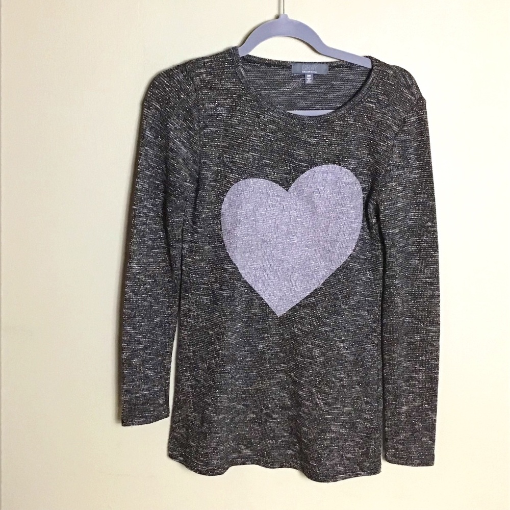 Saks Fifth Ave Women’s Gray Sparkle Sweater with Silver Heart Print Sz. Med EUC